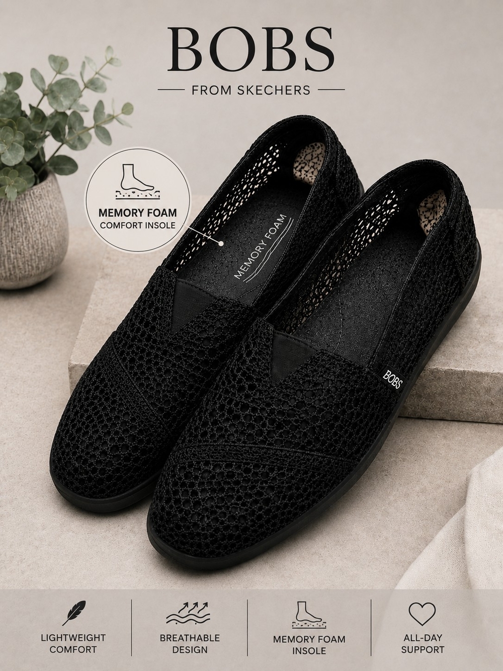 BOBS from Skechers Black Knit Flats Slip On
